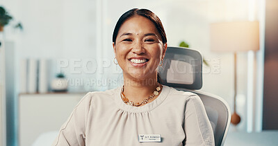 Buy stock photo Portrait, doctor and Asian woman in office, smile and career ambition with healthcare. Face, happy person and expert in workplace, medical or professional with confidence, pride or cardio specialist