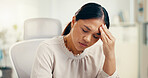 Headache, pain and professional fatigue with woman in office, brain fog or dizzy for stress, crisis or mental health. Migraine, vertigo and female person overwhelmed, overworked or business burnout