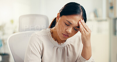 Buy stock photo Headache, pain and professional fatigue with woman in office, brain fog or dizzy for stress, crisis or mental health. Migraine, vertigo and female person overwhelmed, overworked or business burnout
