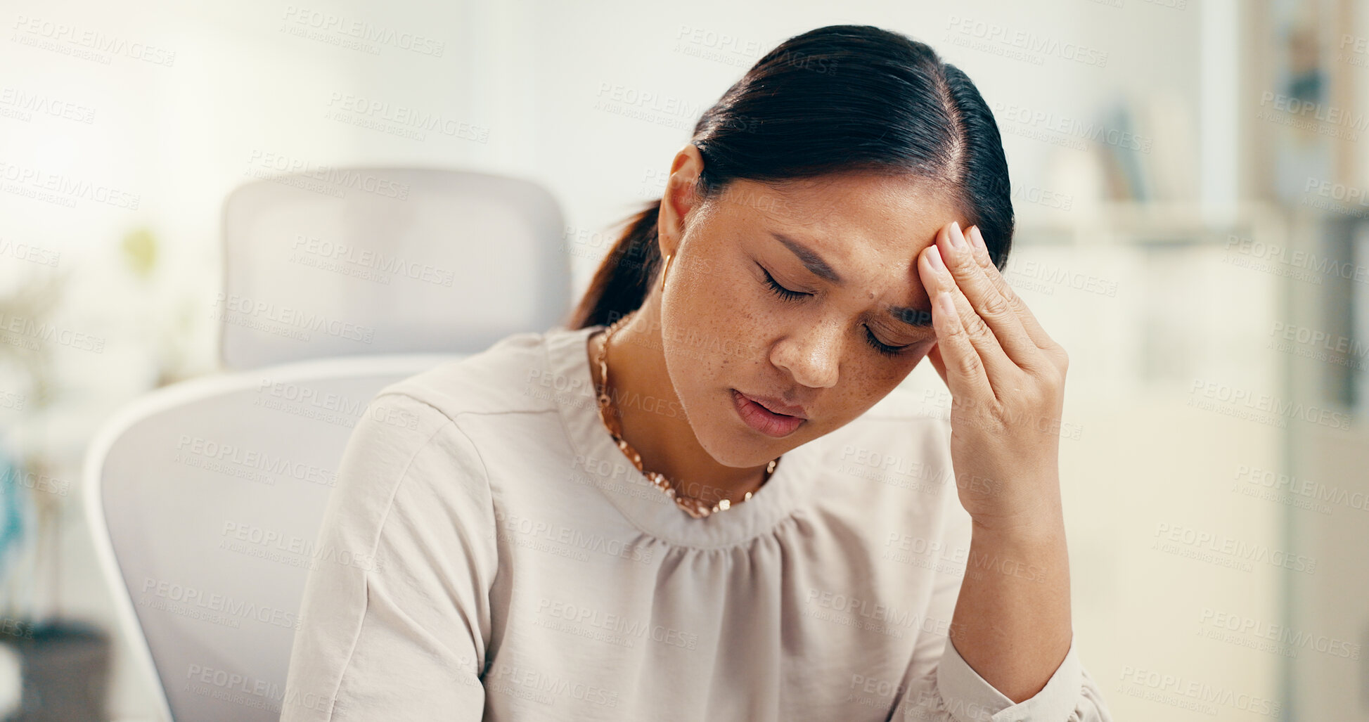 Buy stock photo Headache, pain and professional fatigue with woman in office, brain fog or dizzy for stress, crisis or mental health. Migraine, vertigo and female person overwhelmed, overworked or business burnout