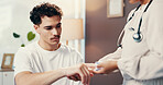 Man, doctor or finger with oximeter for medical checkup, heart rate monitor or results at hospital. Male person, patient or nurse with exam or measurement for blood pressure or oxygen level at clinic