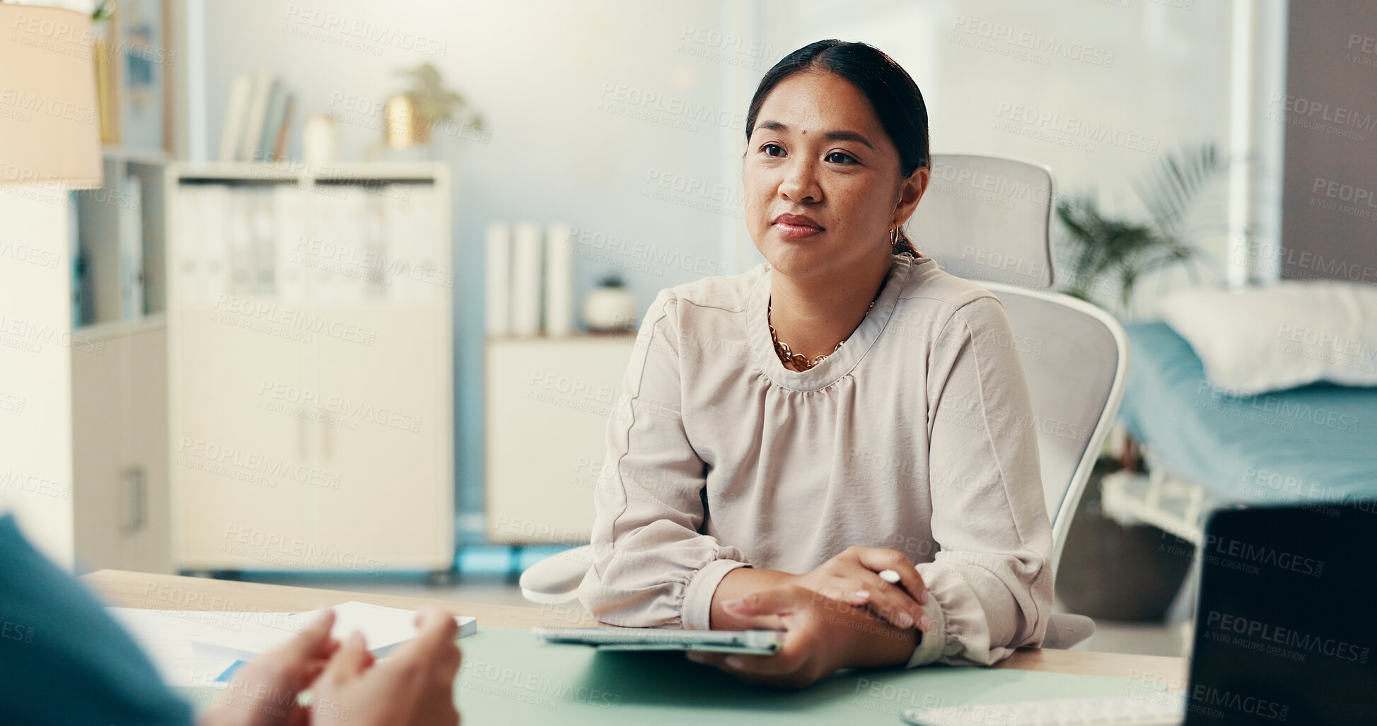Buy stock photo Consulting, advice and healthcare with doctor and patient for diagnose, treatment plan and feedback. Listening, medical results and meeting with people in hospital office for evaluation and insurance