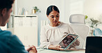 Consulting, tablet screen and healthcare with doctor and patient for neurology diagnosis, mri scan and feedback. Tumor results, medical and ct image with people in hospital for cancer treatment plan