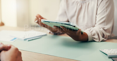 Buy stock photo Tablet, hands and healthcare with doctor and patient for diagnosis, treatment plan or digital report. Advice, medical results and meeting with closeup of people in hospital for online insurance forms