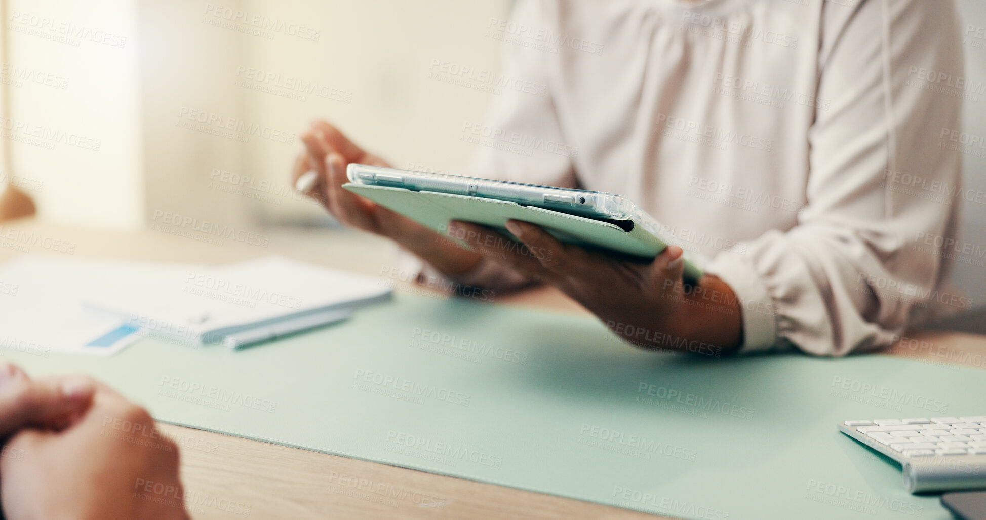 Buy stock photo Tablet, hands and healthcare with doctor and patient for diagnosis, treatment plan or digital report. Advice, medical results and meeting with closeup of people in hospital for online insurance forms