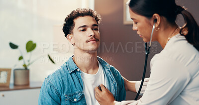 Buy stock photo Stethoscope, listening and healthcare with doctor and patient for heart rate murmur, treatment and feedback. Advice, medical results and heartbeat with people in hospital for valve disease checkup