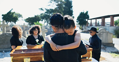 Buy stock photo Child, hug or man in graveyard for funeral, compassion or burial for respect, support or death with coffin. Girl, depressed or sad kid in cemetery for grief, loss or mourning with dad and embrace
