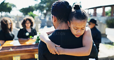 Buy stock photo Child, hug or father in graveyard, compassion or burial for death, support or mourning with coffin. Girl, depressed or sad kid in cemetery for grief, loss or embrace with dad, crying and sympathy