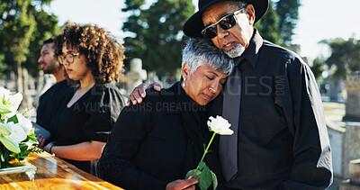 Buy stock photo Embrace, sad and funeral with people, graveyard and grief with emotion, empathy and  sorrow. Ceremony, outdoor or family with loss, support or comfort with compassion, mourning or burial for death