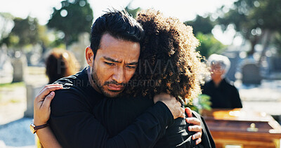 Buy stock photo Hug, crying and funeral with people, graveyard and grief with emotion, mental health or comfort. Ceremony, outdoor or family with loss, support or sad with compassion, mourning or empathy with burial