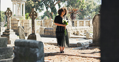 Buy stock photo Sad, woman and mourning with flowers at cemetery for death ceremony, memorial service or funeral. Burial, person or floral bouquet by tombstone for goodbye, loss and grieving with remembrance or pain