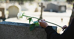 Hand, flower and person at tombstone for funeral ceremony, grief and memorial service outdoor for farewell. Graveyard, death and rose on gravestone for mourning, peace and respect for remembrance