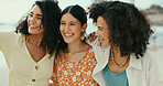 Smile, women and friends hug on beach for travel reunion, summer holiday and bonding together. Happy, people and laugh with embrace of ocean vacation, social gathering and sightseeing of getaway trip