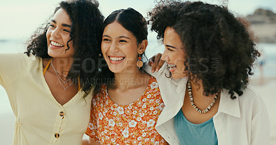 Buy stock photo Smile, women and friends hug on beach for travel reunion, summer holiday and bonding together. Happy, people and laugh with embrace of ocean vacation, social gathering and sightseeing on getaway trip