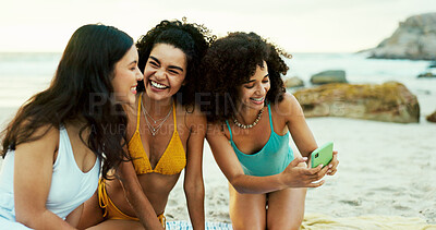 Buy stock photo Beach, phone and smile with friends on holiday together for travel or vacation in summer. App, bonding and social media with group of people outdoor on coast of tropical island paradise for getaway