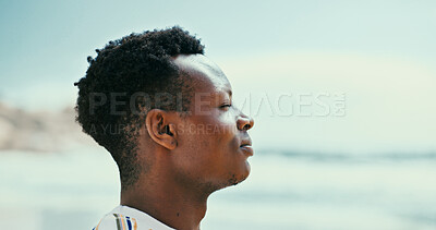 Buy stock photo Black man, space and breathing to relax at beach with fresh air for peace, tranquility or natural oxygen. Calm, profile or person on holiday at ocean coast for vacation mockup or outdoor meditation