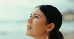 Thinking, breathing and woman at sea for holiday, vacation and outdoor travel for adventure. Beach, relax and face of female person at ocean for trip, mindfulness and tourism ideas on island in Spain