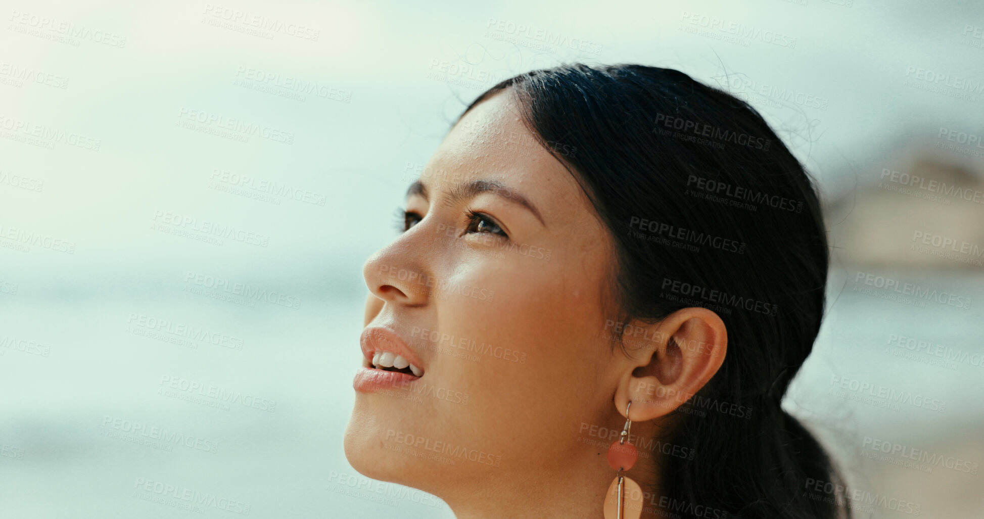 Buy stock photo Thinking, breathing and woman at sea for holiday, vacation and outdoor travel for adventure. Beach, relax and face of female person at ocean for trip, mindfulness and tourism ideas on island in Spain