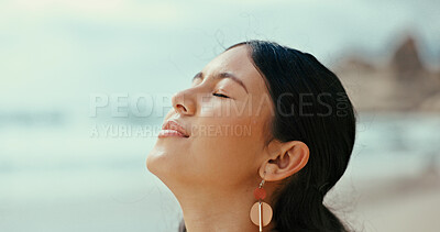 Buy stock photo Happy woman, relief and relax with fresh air at beach for peace, tranquility or natural meditation. Female person, vacation or holiday with smell at ocean coast for calming sensation or mindfulness