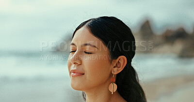 Buy stock photo Woman, meditate or peace to relax at sea with fresh air for break, tranquility or natural oxygen. Calm, health or person on holiday at beach or ocean coast for vacation travel and outdoor freedom