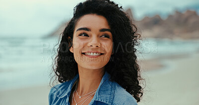 Buy stock photo Thinking, relax and happy woman at sea for holiday, vacation and outdoor travel for adventure. Beach, peace and person with smile at ocean for trip, mindfulness or tourism ideas on island in Bali