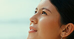 Thinking, reflection or girl on outdoor break for holiday, vacation, travel or adventure to relax. Remember, wonder or face of person with peace outside for trip, mindfulness or tourism ideas in Bali