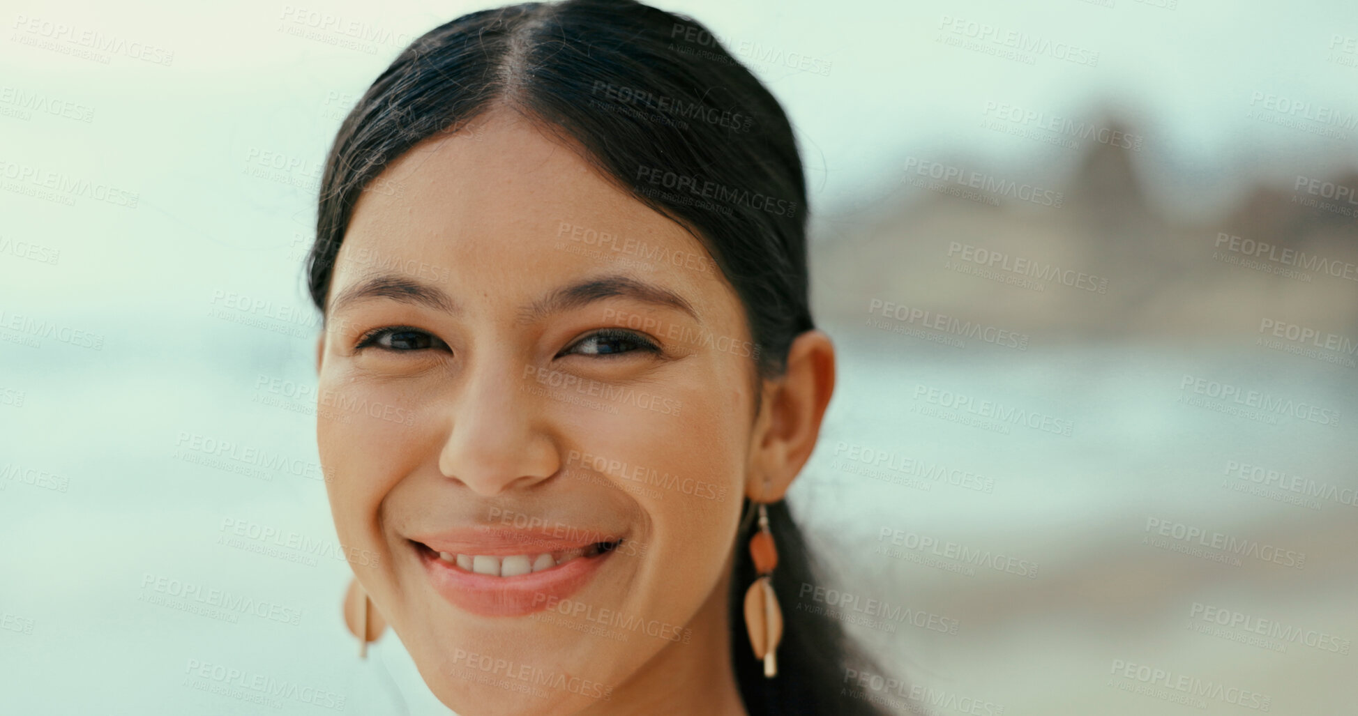 Buy stock photo Portrait, smile and woman at sea for holiday, vacation and travel outdoor for adventure. Beach, face and happy female person in nature at ocean for trip, summer and tourist relax on island in Spain