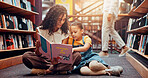Kid, learning or teacher reading book for storytelling, development or growth in school. Teaching, tutor or woman with girl or child in library for literature lesson, fairy tale or education support