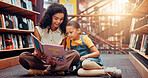 Child, library or teacher reading book for learning, development or storytelling in school. Teaching, tutor or woman with girl, smile or kid for literature lesson, fairy tale or education support