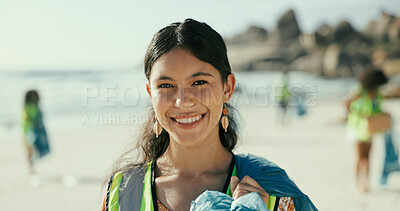 Buy stock photo Happy woman, portrait or cleaning beach with recycling for eco friendly environment or earth day. Female person, activist or volunteer with smile for community service, save planet or world charity