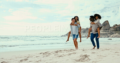 Buy stock photo Friends, walk and piggyback with beach, holiday or group vacation with ocean social gathering. Smile, happy and men carrying women with travel, fun and bonding with comic games and summer adventure