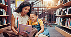 Kid, excited or teacher reading book for learning, development or help in school. Teaching, happy or woman with girl, smile or child in library for literature lesson, fairy tale or education support