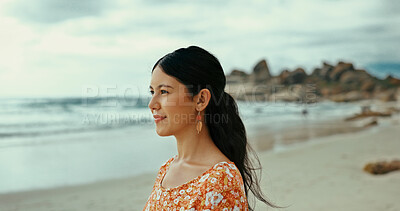 Buy stock photo Thinking, reflection or woman at sea to relax for holiday, vacation, outdoor travel or adventure. Beach, break or person with peace at ocean for trip, mindfulness or tourism space on island in Bali