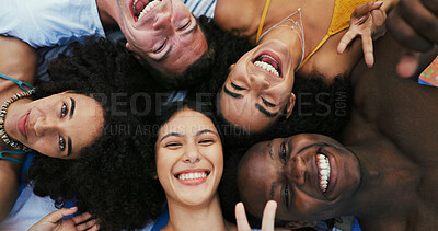 Buy stock photo Above, selfie and friends with portrait, vacation and travel with summer holiday. Peace sign, people and men with women, outdoor and collaboration with fun, weekend break or reunion with bonding
