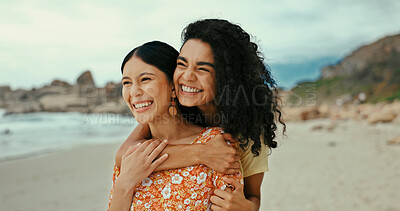 Buy stock photo Love, hug and relax with lesbian couple at beach for romance, vacation and support. Happiness, bonding and lgbt relationship with women in nature for summer break, holiday and honeymoon date