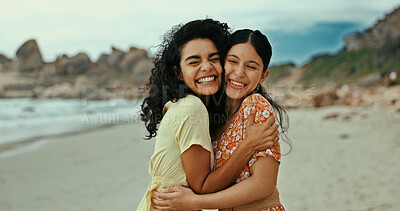 Buy stock photo Love, hug and smile with lesbian couple at beach for romance, vacation and support. Happiness, bonding and lgbt relationship with women in nature for summer break, holiday and honeymoon date