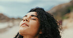 Woman, peace or breathing to relax with fresh air at beach for break, tranquility or natural oxygen. Calm, health or female person on holiday at ocean coast for vacation travel or outdoor meditation