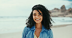 Portrait, smile and woman at beach for vacation, holiday and travel outdoor for adventure. Ocean, confidence and happy person in nature at sea for trip, summer and tourist relax on island in Mexico