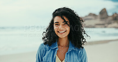 Buy stock photo Portrait, smile and woman at beach for vacation, holiday and travel outdoor for adventure. Ocean, confidence and happy person in nature at sea for trip, summer and tourist relax on island in Mexico
