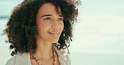 Buy stock photo Thinking, space or happy woman at sea for holiday, vacation or outdoor travel for adventure. Beach, face or person with smile in nature at ocean for trip, mockup or tourism ideas on island in Bali