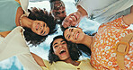 Friends, portrait and below with circle in huddle for inclusion, bonding or summer together. Low angle, group or happy people with smile for unity, community and holiday or outdoor vacation weekend