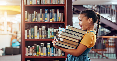 Buy stock photo Happy, carry and girl with books in library excited for reading story, literature and learning. School, bookstore and child with stack of novels for knowledge, education and language development
