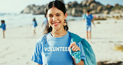 Buy stock photo Woman, portrait and bag for cleaning by ocean with smile, outdoor or pride on earth day for plastic. Girl, volunteer and happy by sea for social responsibility with garbage, dirt and waste management
