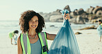 Happy woman, portrait or cleaning beach with volunteer for eco friendly environment or earth day. Female person, activist or community service with smile, garbage bag or recycling dirt to save planet