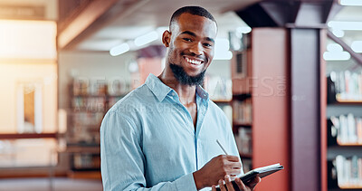 Buy stock photo Portrait, learning and happy man with tablet in library for knowledge, education and studying in college. Technology, bookstore and African student in university with pen for academic research online