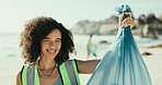 Happy woman, portrait and volunteer with bag on beach for recycling, eco friendly environment or earth day. Female person, activist or community service with smile for save planet or world charity