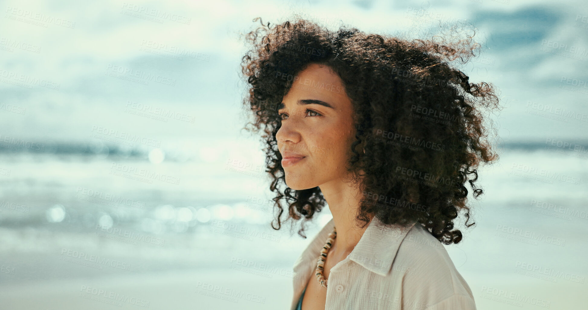 Buy stock photo Thinking, reflection or woman at ocean for holiday, vacation, outdoor travel or adventure to relax. Beach, break or person with peace at sea for trip, mindfulness or tourism ideas on island in Bali