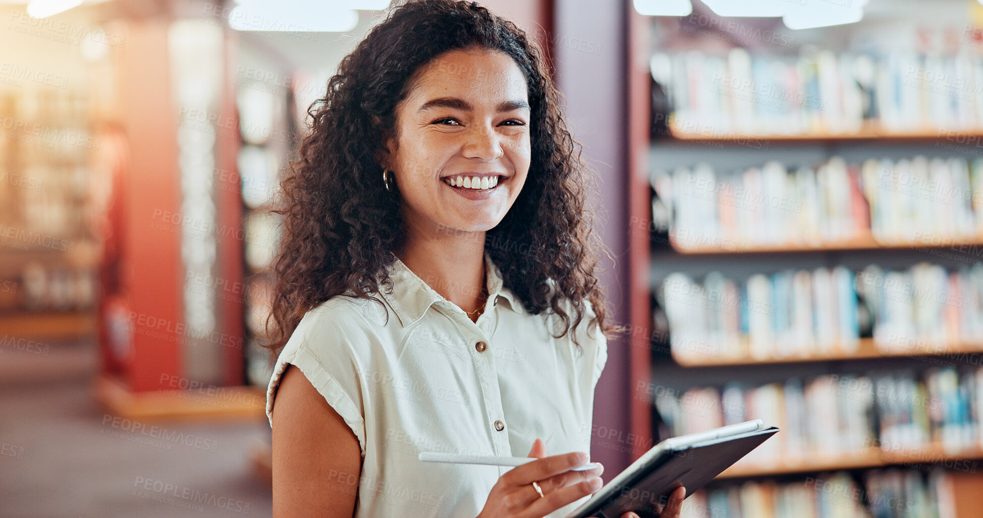 Buy stock photo Portrait, education and happy woman with tablet in library for knowledge, learning or study online in college. Technology, smile and student in university with pen for research, course or scholarship
