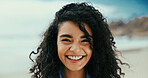 Portrait, smile and woman at beach for holiday, vacation and travel outdoor for adventure. Ocean, confidence and happy person in nature at sea for trip, summer and tourist relax on island in Mexico