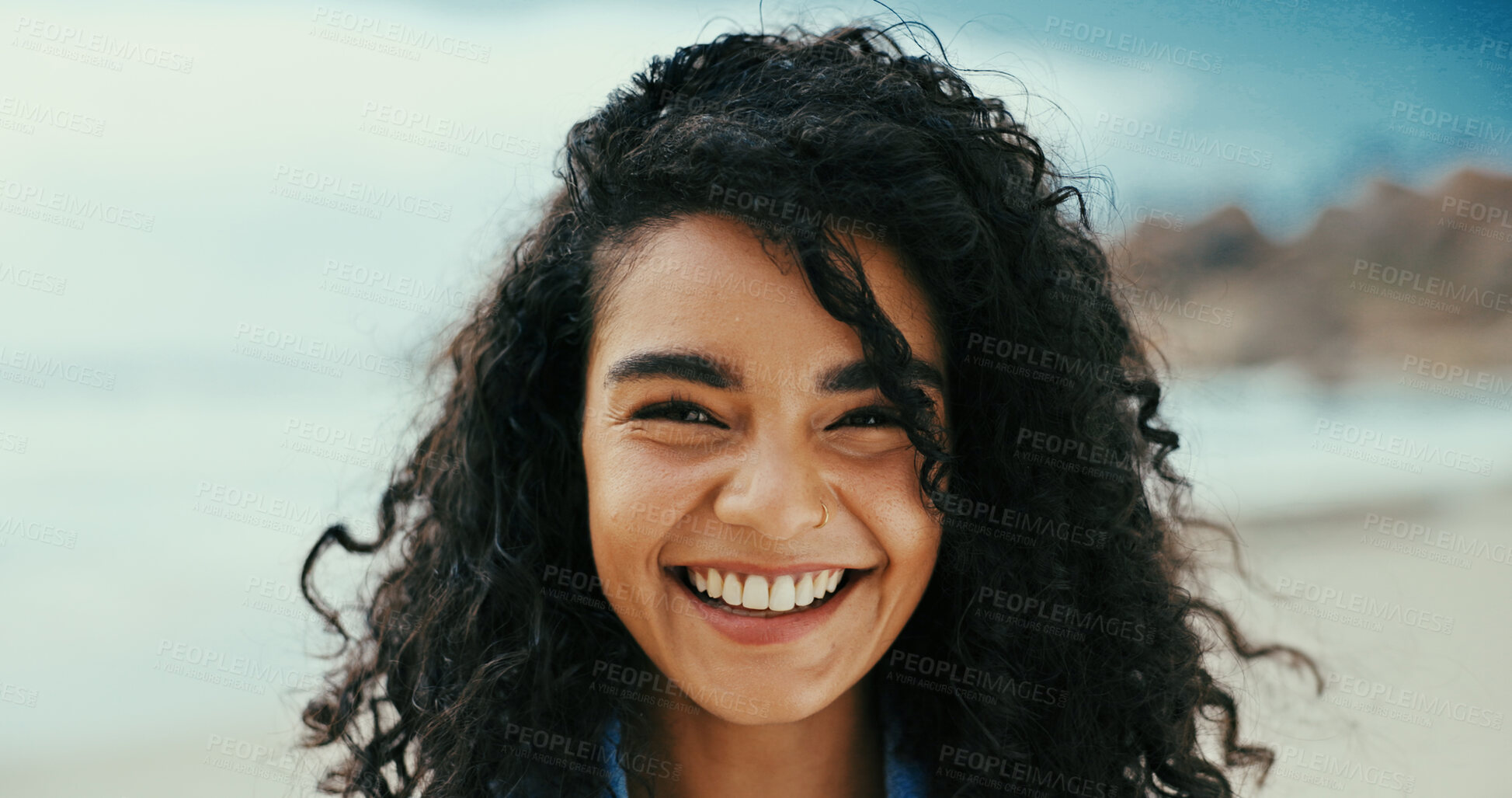 Buy stock photo Portrait, smile and woman at beach for holiday, vacation and travel outdoor for adventure. Ocean, confidence and happy person in nature at sea for trip, summer and tourist relax on island in Mexico